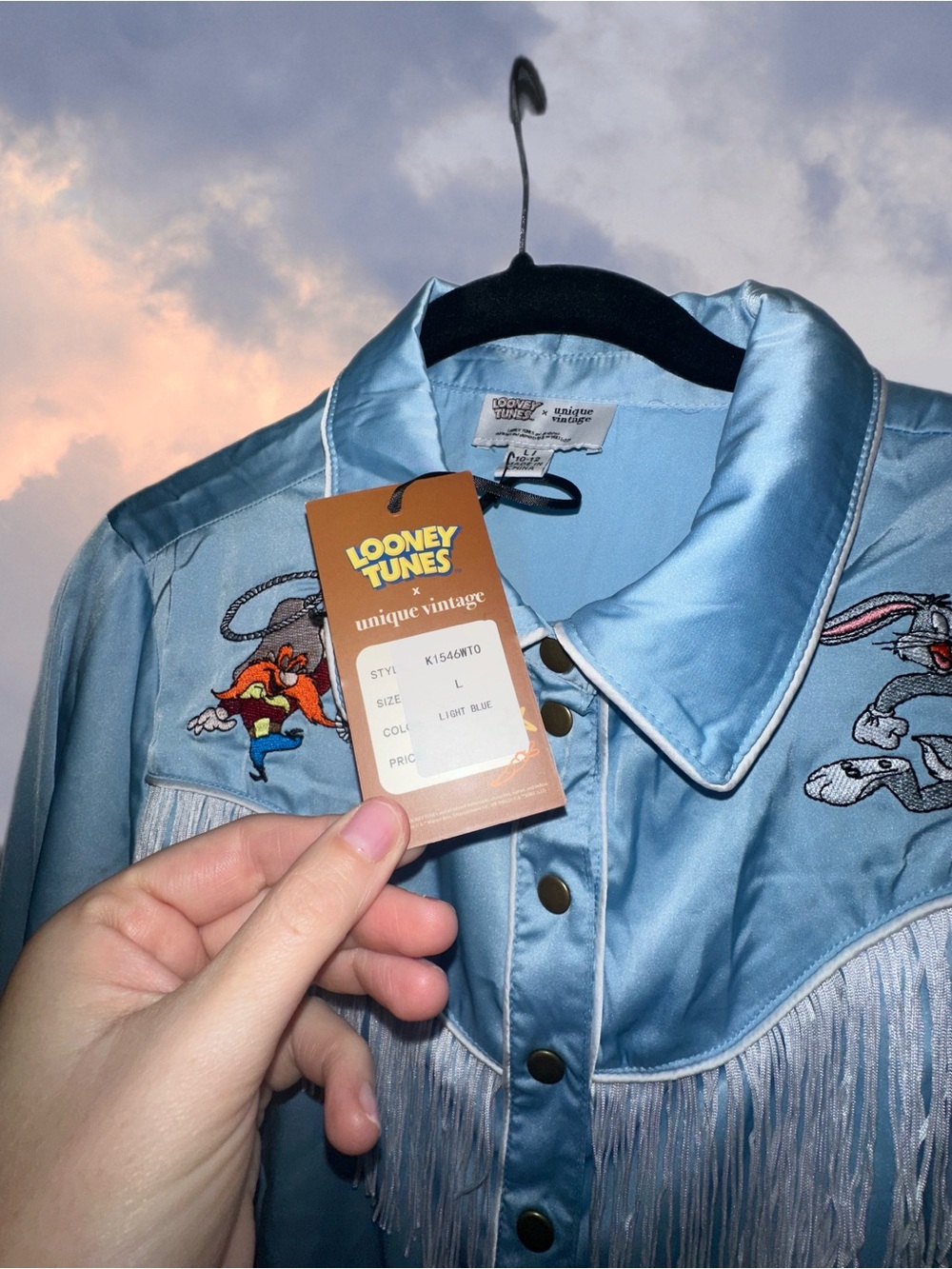 Unique Vintage Light Blue Satin Fringe Button-Down Shirt Looney Tunes Western - Picture 6 of 6